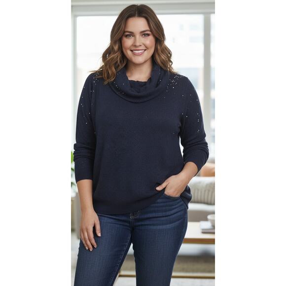 Lane Bryant 4x 26/28 Navy Blue Sparkle Cowl Neck Soft Fleece Sweater NEW! - Picture 1 of 8